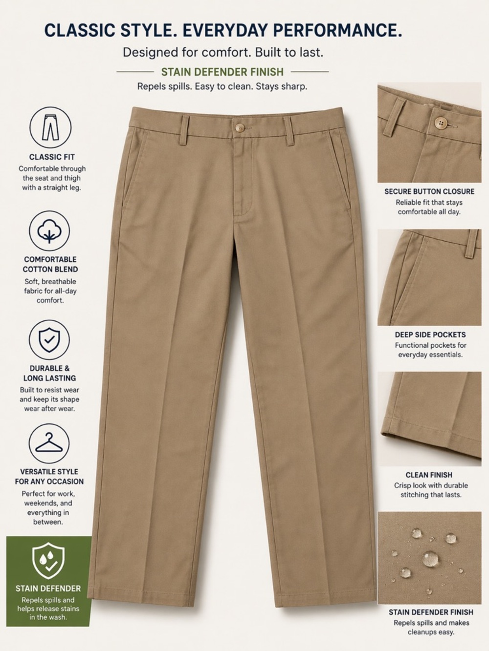 Dockers Stain Defender Khaki Pants Men’s 36x32 Straight Leg Casual Dress Pants